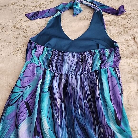 Enfocus Size 10 Aqua Purple High Low Halter Style Tie Dress - Picture 3 of 15